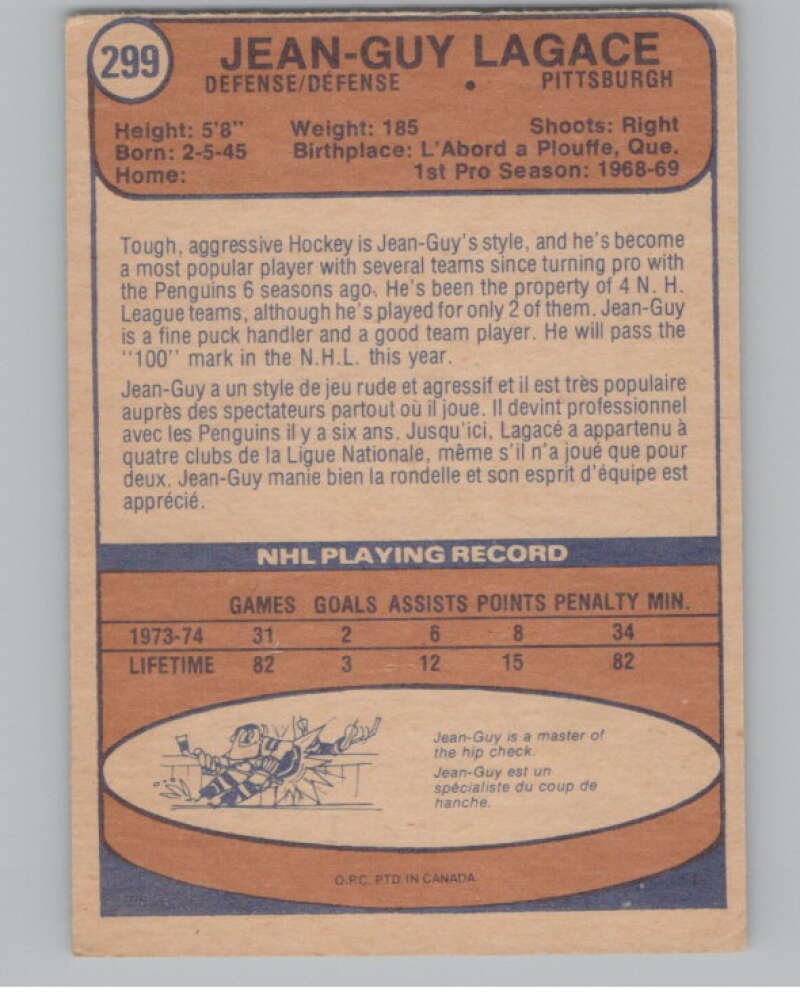 1974-75 O-Pee-Chee #299 Jean-Guy Lagace  RC Rookie Penguins  V103785 Image 2