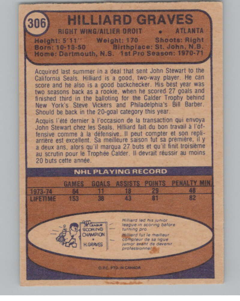 1974-75 O-Pee-Chee #306 Hilliard Graves  Atlanta Flames  V103791 Image 2