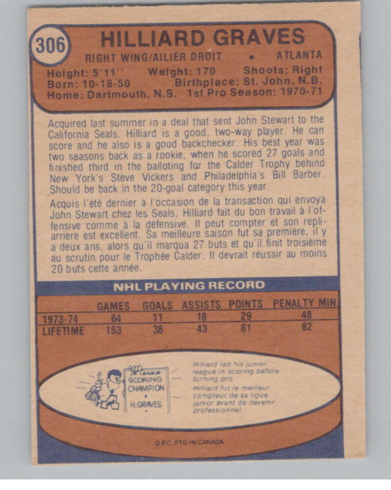 1974-75 O-Pee-Chee #306 Hilliard Graves  Atlanta Flames  V103792 Image 2