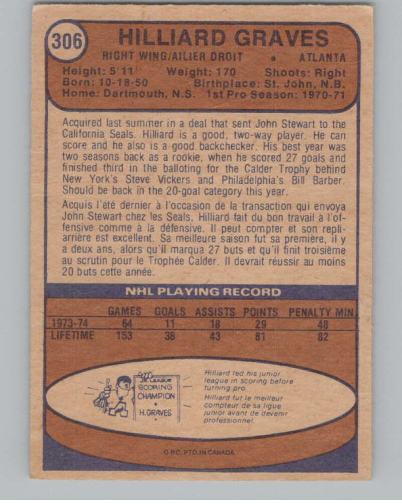 1974-75 O-Pee-Chee #306 Hilliard Graves  Atlanta Flames  V103793 Image 2
