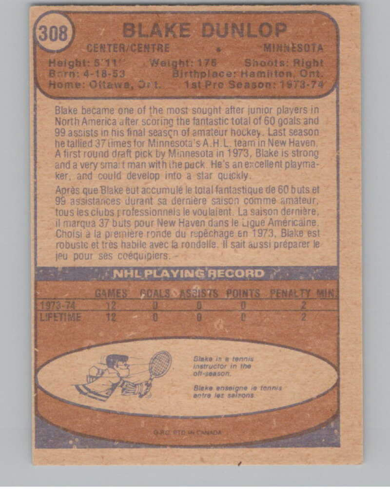1974-75 O-Pee-Chee #308 Blake Dunlop  RC Rookie North Stars  V103795 Image 2
