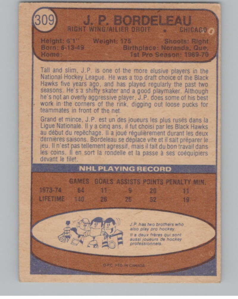1974-75 O-Pee-Chee #309 J.P. Bordeleau  Chicago Blackhawks  V103796 Image 2