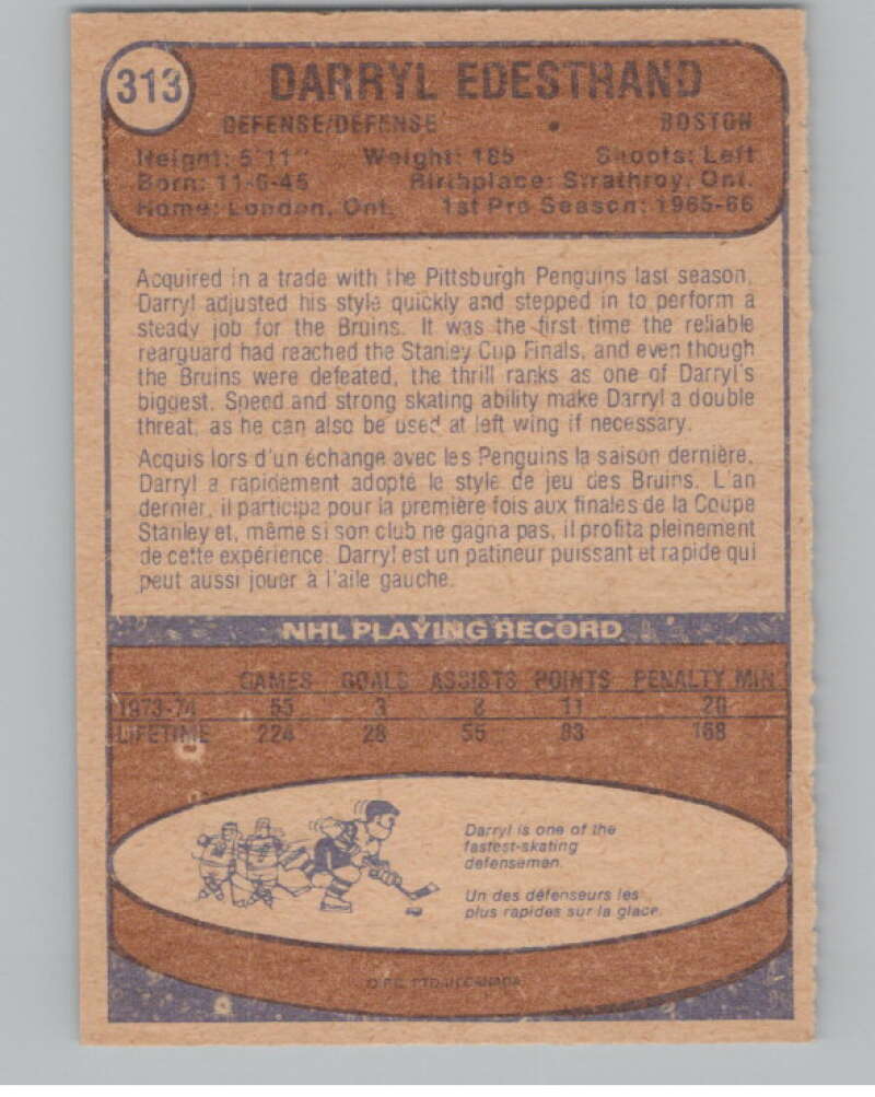 1974-75 O-Pee-Chee #313 Darryl Edestrand  Boston Bruins  V103800 Image 2