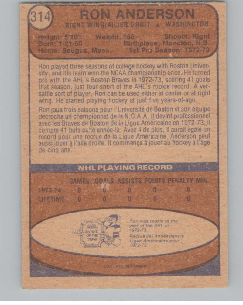 1974-75 O-Pee-Chee #314 Ron Anderson  RC Rookie Capitals  V103801 Image 2