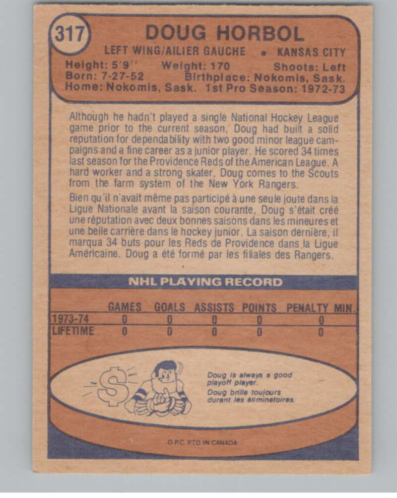 1974-75 O-Pee-Chee #317 Doug Horbul  RC Rookie Kansas City Scouts  V103802 Image 2