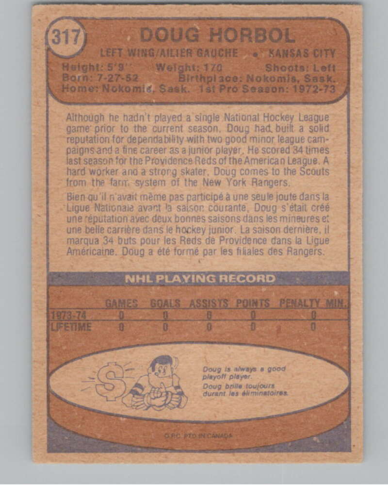 1974-75 O-Pee-Chee #317 Doug Horbul  RC Rookie Kansas City Scouts  V103804 Image 2