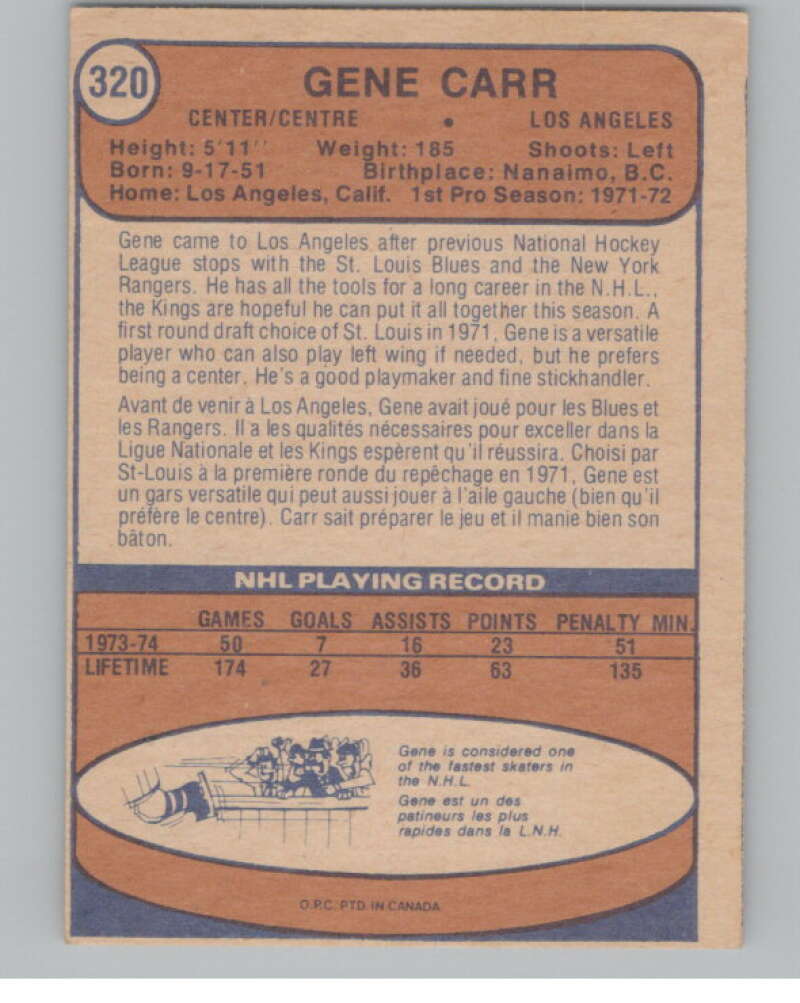 1974-75 O-Pee-Chee #320 Gene Carr  RC Rookie Los Angeles Kings  V103806 Image 2