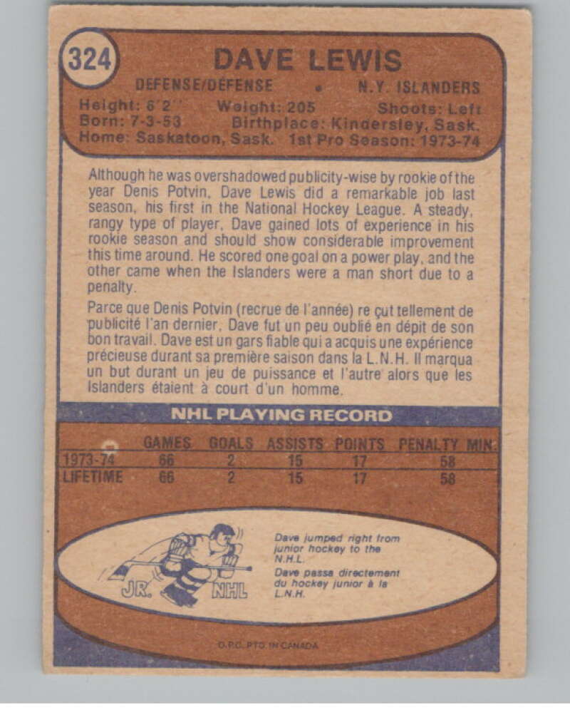 1974-75 O-Pee-Chee #324 Dave Lewis  RC Rookie New York Islanders  V103808 Image 2