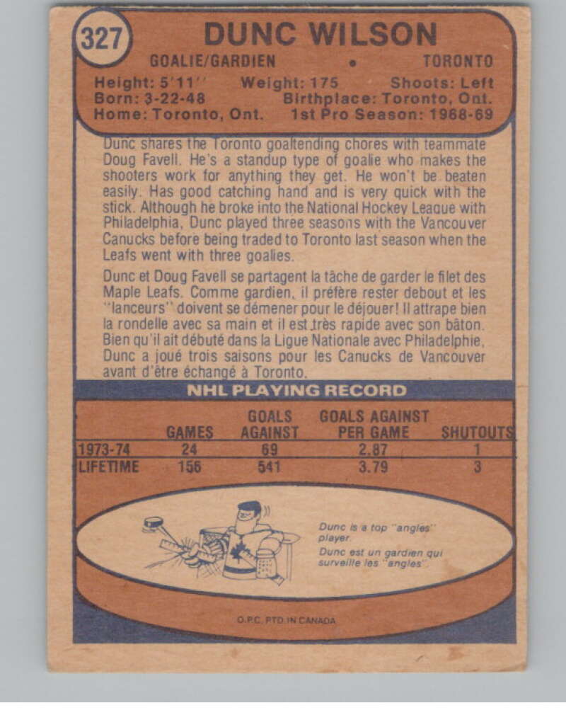 1974-75 O-Pee-Chee #327 Dunc Wilson  Toronto Maple Leafs  V103812 Image 2