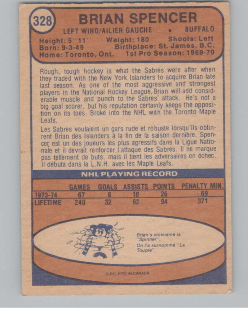 1974-75 O-Pee-Chee #328 Brian Spencer  Buffalo Sabres  V103813 Image 2