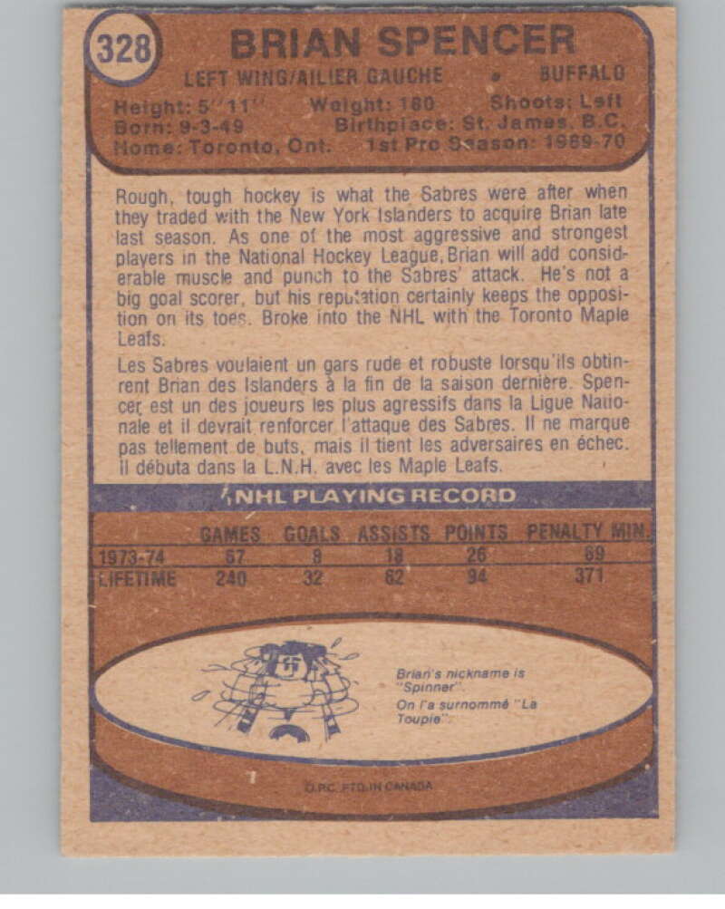 1974-75 O-Pee-Chee #328 Brian Spencer  Buffalo Sabres  V103814 Image 2