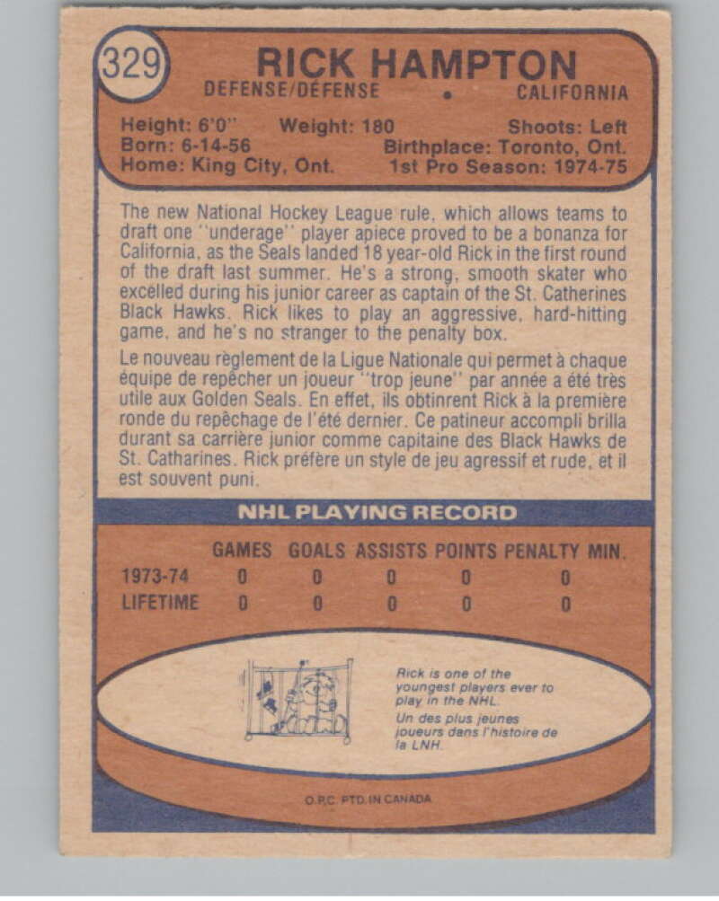 1974-75 O-Pee-Chee #329 Rick Hampton  RC Rookie Golden Seals  V103815 Image 2
