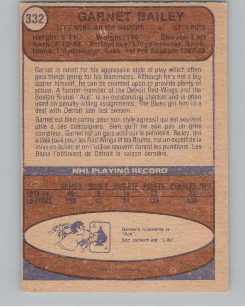 1974-75 O-Pee-Chee #332 Ace Bailey  St. Louis Blues  V103821 Image 2