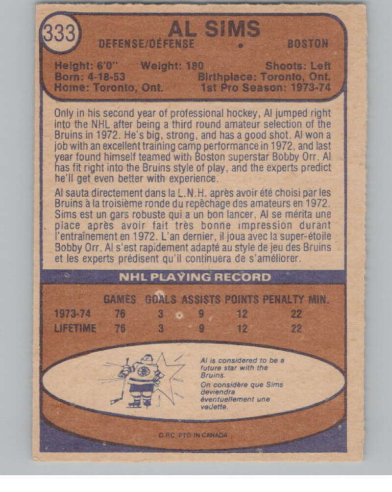 1974-75 O-Pee-Chee #333 Al Sims  RC Rookie Boston Bruins  V103823 Image 2