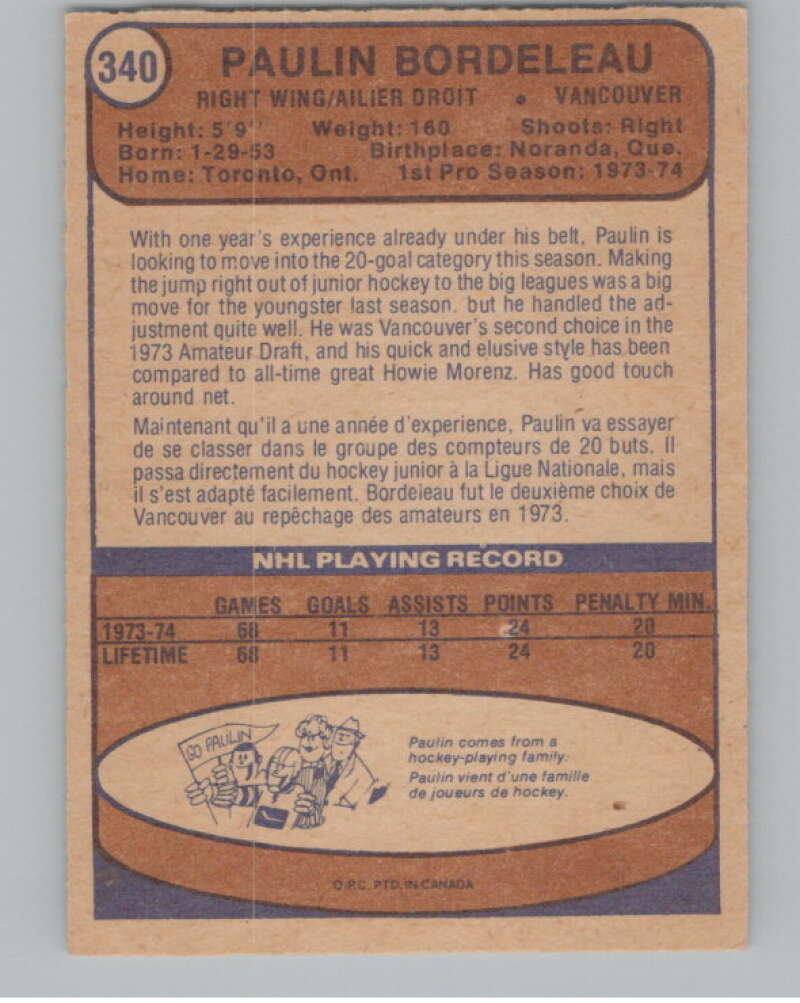 1974-75 O-Pee-Chee #340 Paulin Bordeleau  RC Rookie Canucks  V103831 Image 2