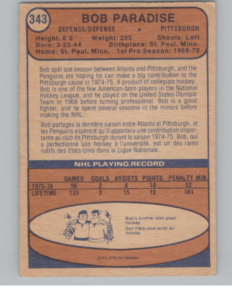 1974-75 O-Pee-Chee #343 Bob Paradise RC Rookie Pittsburgh Penguins  V103834 Image 2