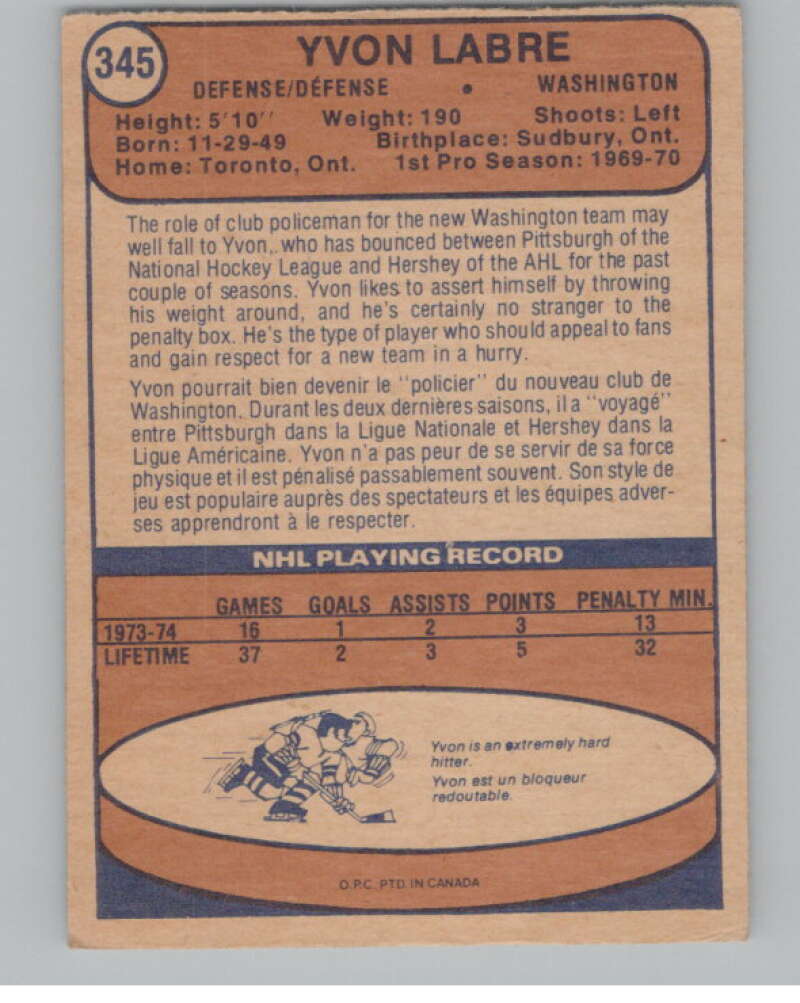 1974-75 O-Pee-Chee #345 Yvon Labre  Washington Capitals  V103836 Image 2