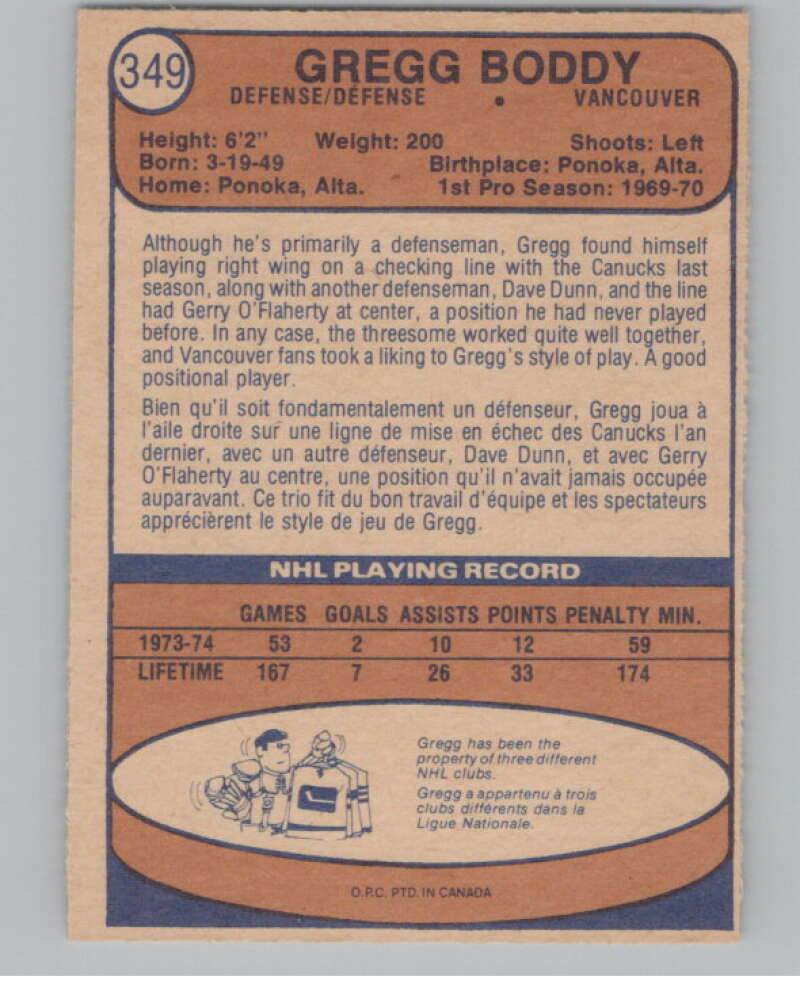 1974-75 O-Pee-Chee #349 Gregg Boddy  Vancouver Canucks  V103841 Image 2