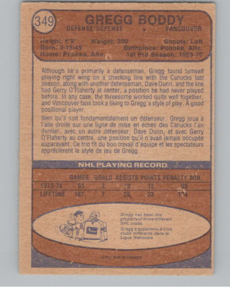 1974-75 O-Pee-Chee #349 Gregg Boddy  Vancouver Canucks  V103842 Image 2