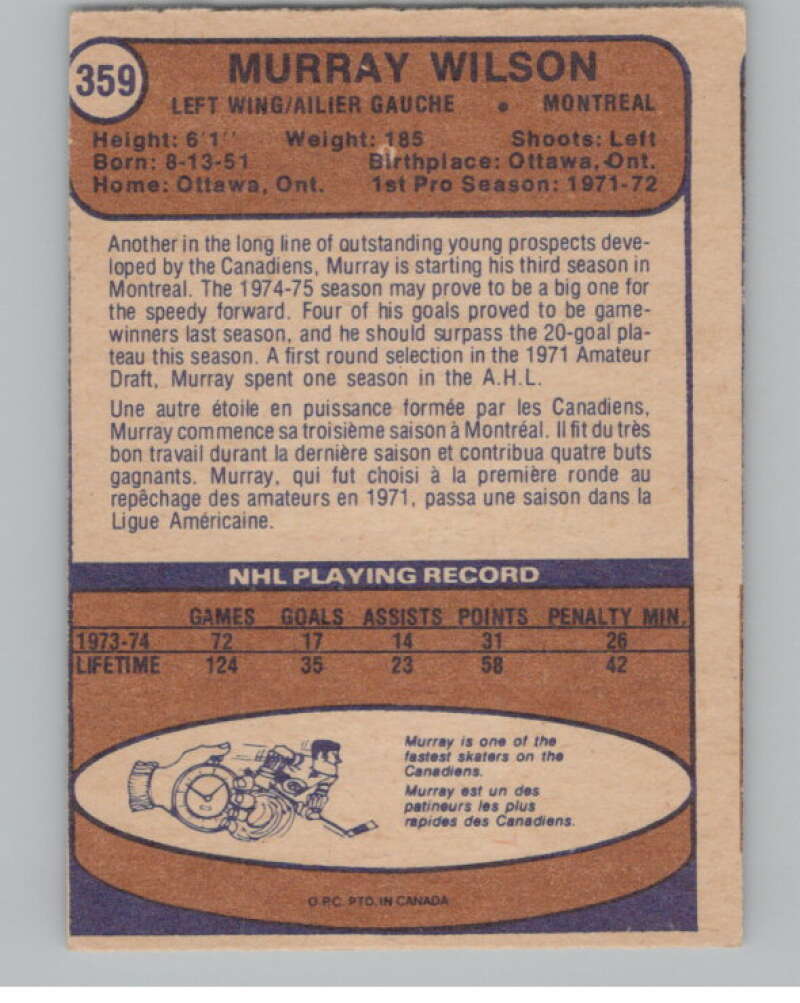 1974-75 O-Pee-Chee #359 Murray Wilson  Montreal Canadiens  V103849 Image 2