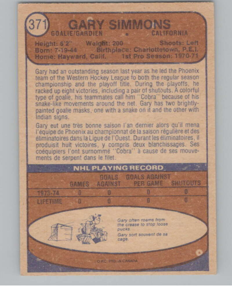 1974-75 O-Pee-Chee #371 Gary Simmons  RC Rookie Golden Seals  V103862 Image 2
