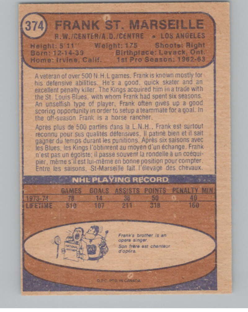 1974-75 O-Pee-Chee #374 Frank St. Marseille  Los Angeles Kings  V103868 Image 2