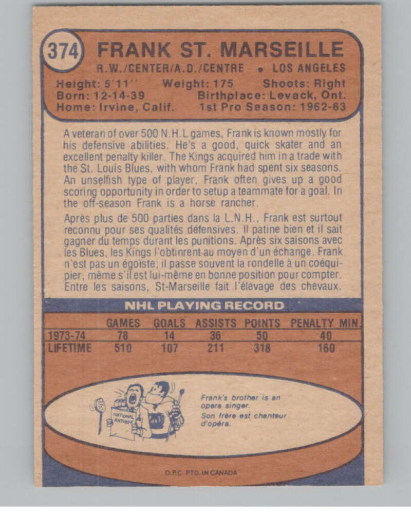 1974-75 O-Pee-Chee #374 Frank St. Marseille  Los Angeles Kings  V103869 Image 2