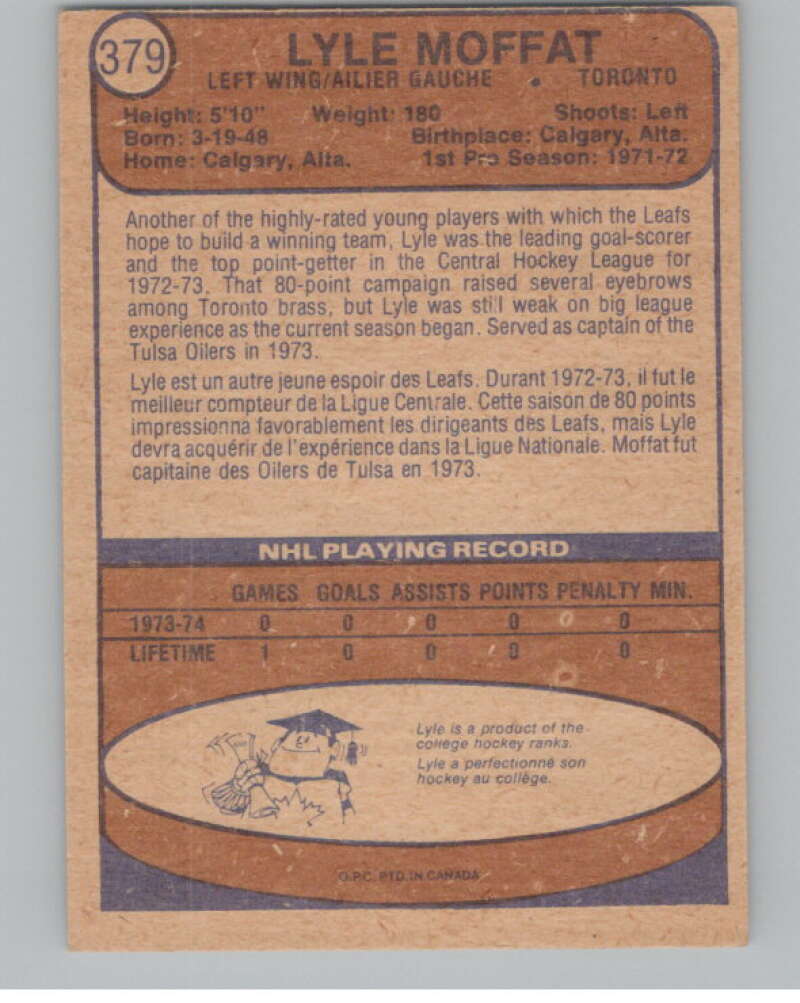 1974-75 O-Pee-Chee #379 Lyle Moffat  RC Rookie Toronto Maple Leafs  V103870 Image 2
