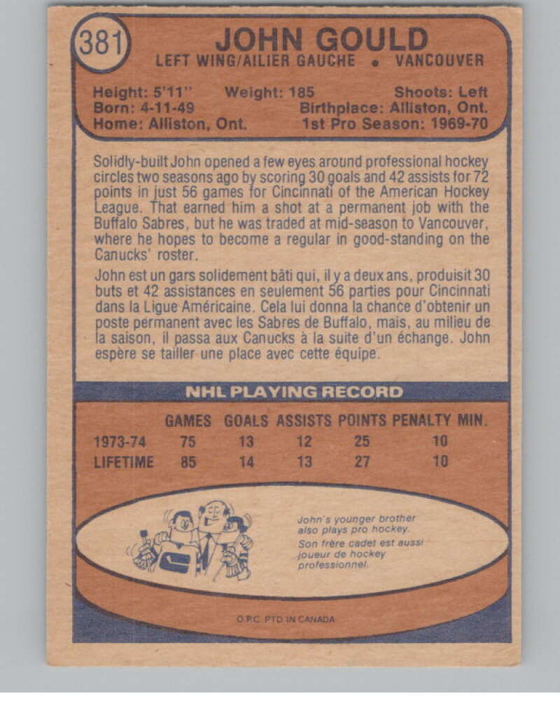 1974-75 O-Pee-Chee #381 John Gould  RC Rookie Vancouver Canucks  V103872 Image 2