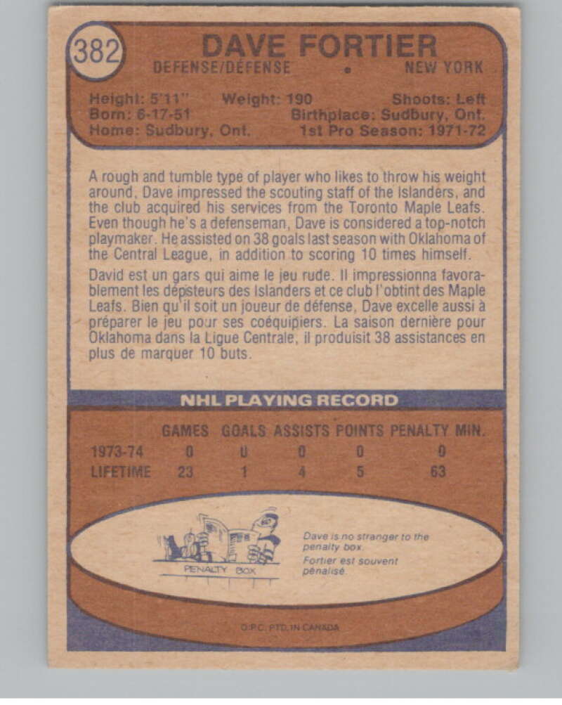 1974-75 O-Pee-Chee #382 Dave Fortier  RC Rookie New York Islanders  V103873 Image 2