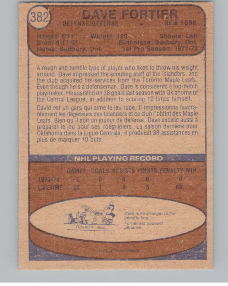 1974-75 O-Pee-Chee #382 Dave Fortier  RC Rookie New York Islanders  V103874 Image 2
