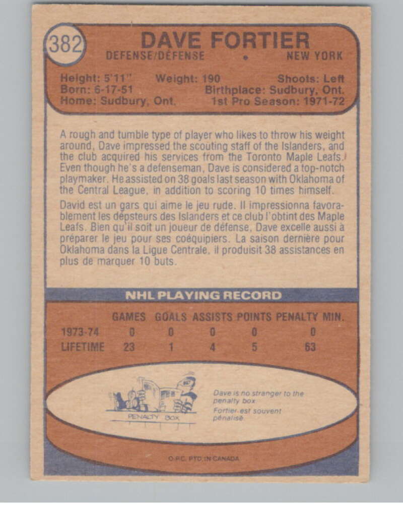 1974-75 O-Pee-Chee #382 Dave Fortier  RC Rookie New York Islanders  V103875 Image 2