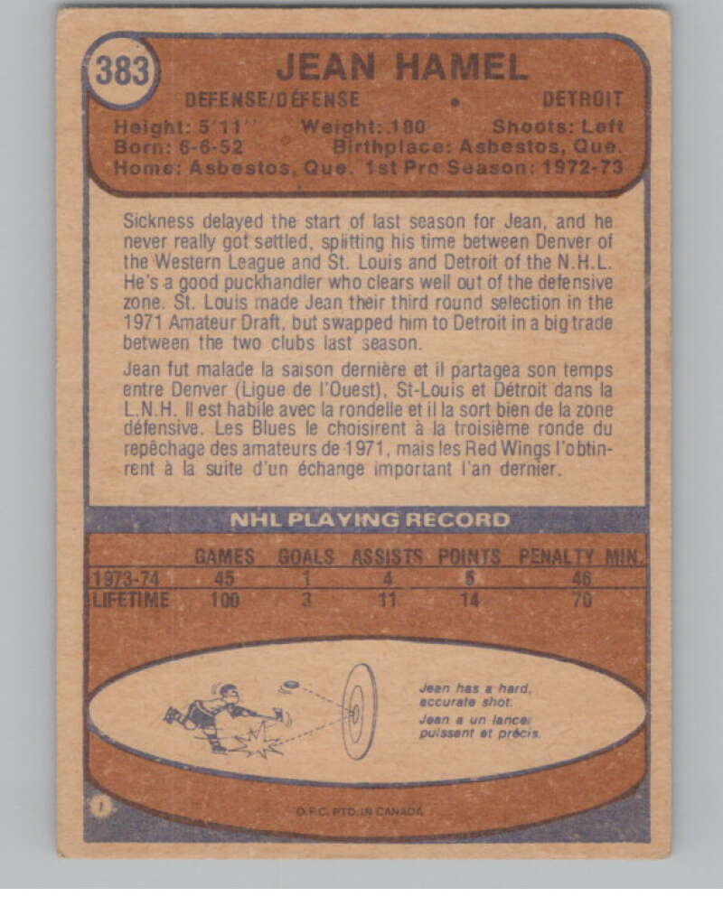 1974-75 O-Pee-Chee #383 Jean Hamel  RC Rookie Detroit Red Wings  V103876 Image 2