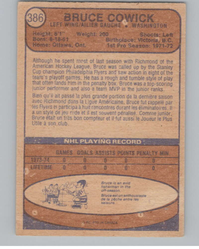 1974-75 O-Pee-Chee #386 Bruce Cowick RC Rookie Washington Capitals  V103881 Image 2