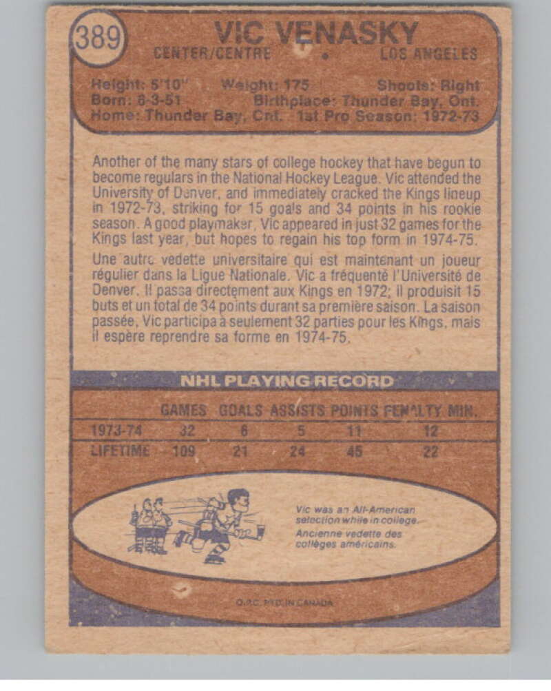1974-75 O-Pee-Chee #389 Vic Venasky  RC Rookie Los Angeles Kings  V103883 Image 2
