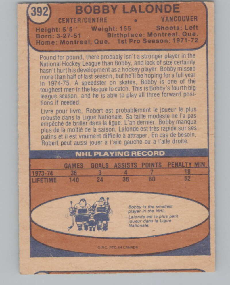 1974-75 O-Pee-Chee #392 Bobby Lalonde  Vancouver Canucks  V103886 Image 2