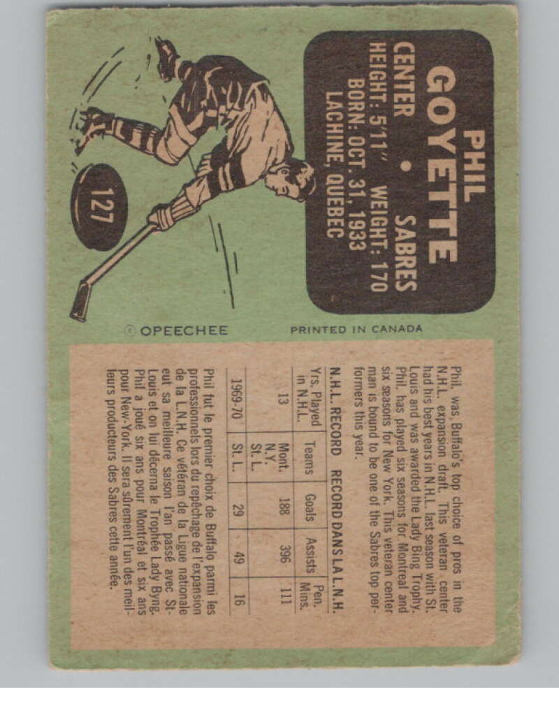 1970-71 O-Pee-Chee #127 Phil Goyette Hockey Buffalo Sabres  V103889 Image 2