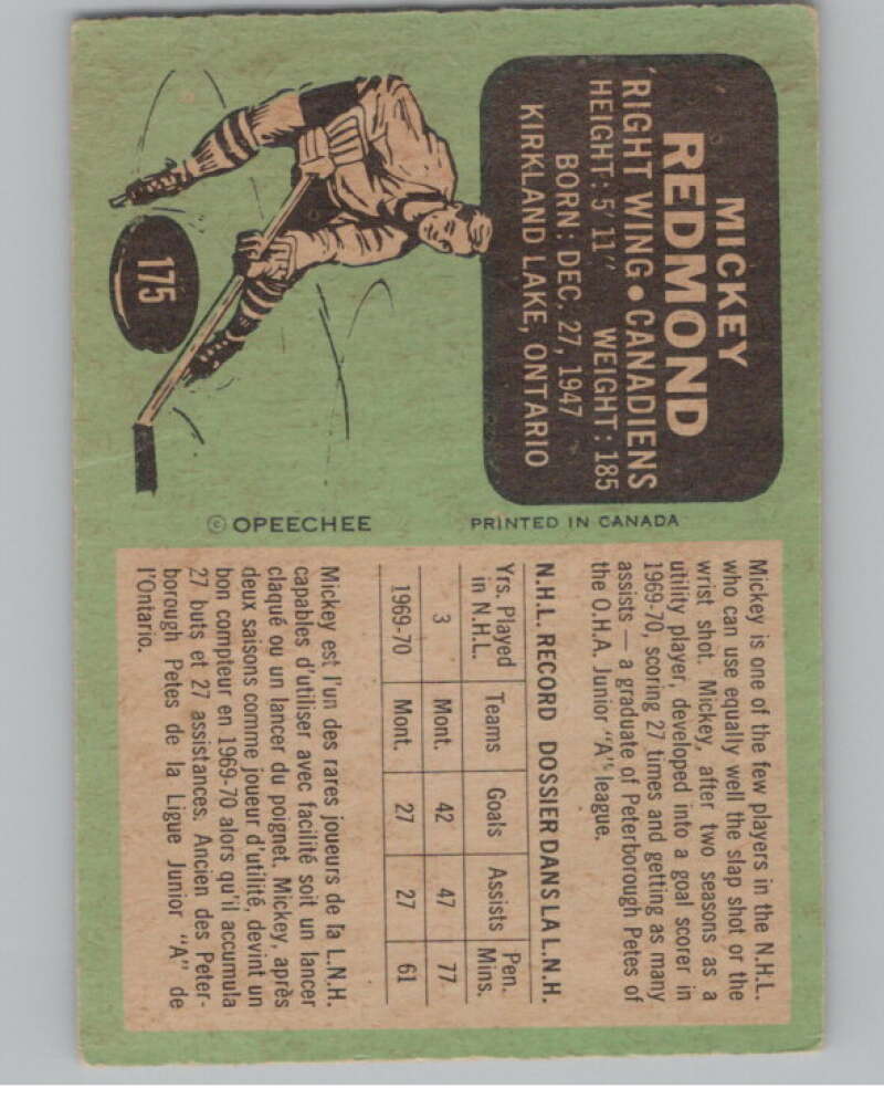 1970-71 O-Pee-Chee #175 Mickey Redmond Hockey Montreal Canadiens  V103891 Image 2