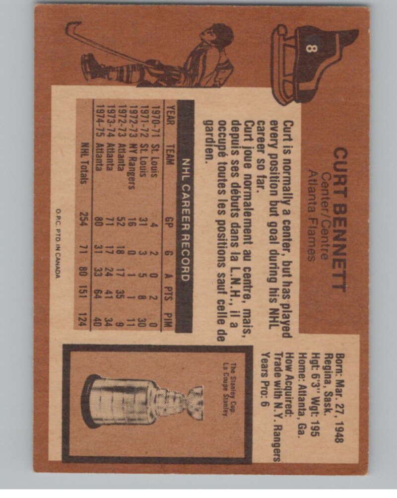 1975-76 O-Pee-Chee #8 Curt Bennett Hockey Atlanta Flames  V103896 Image 2