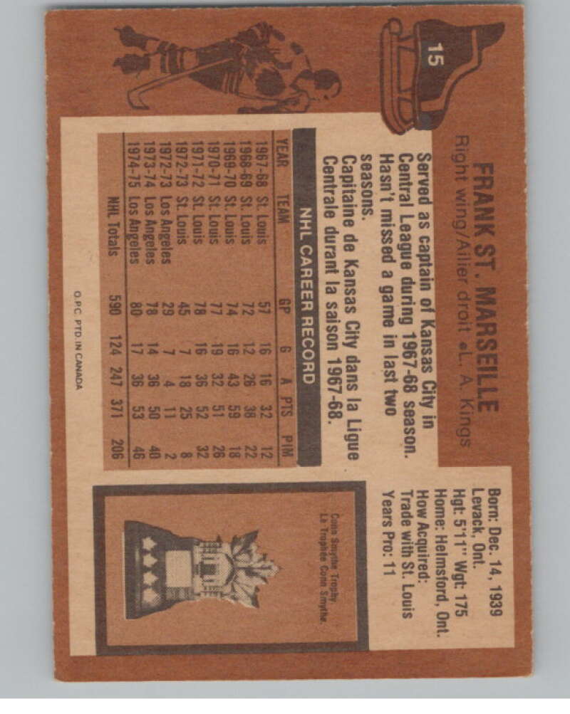 1975-76 O-Pee-Chee #15 Frank St. Marseille Hockey Los Angeles Kings  V103898 Image 2