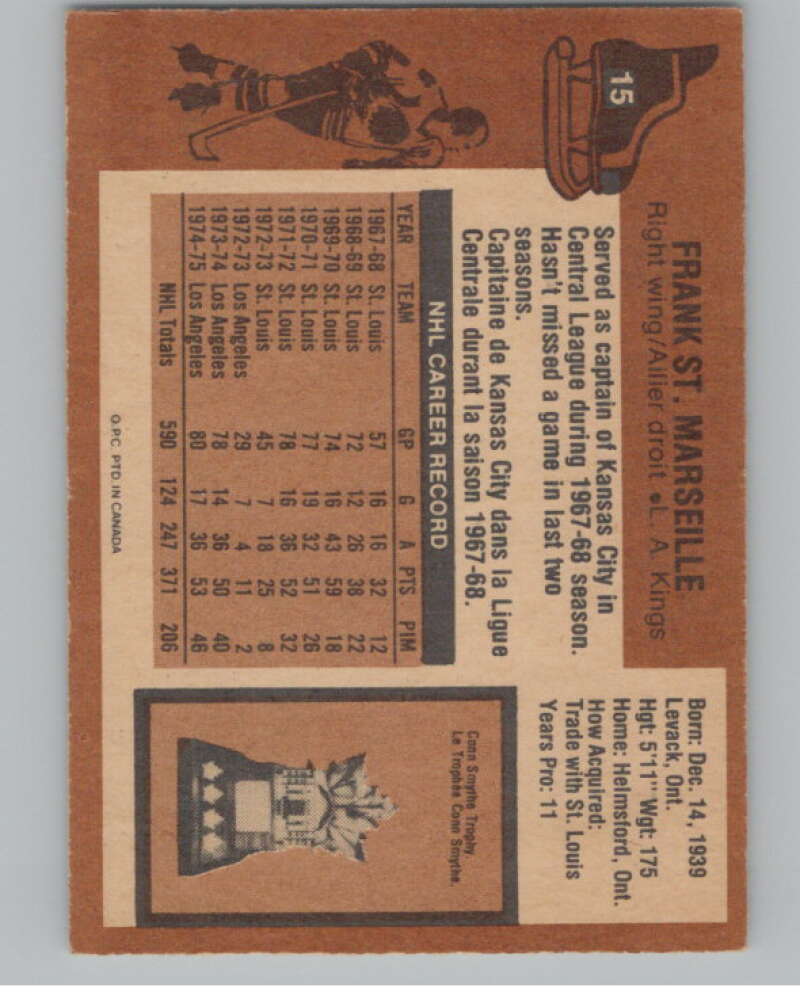 1975-76 O-Pee-Chee #15 Frank St. Marseille Hockey Los Angeles Kings  V103899 Image 2