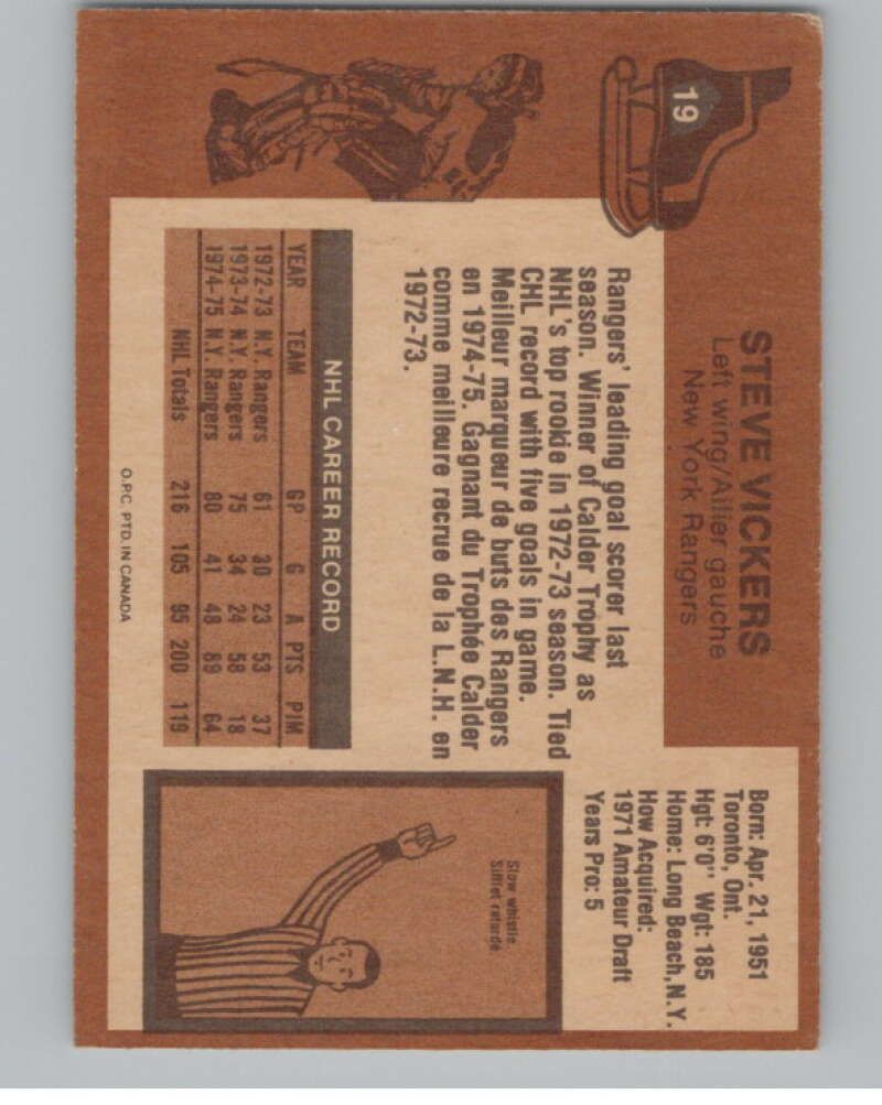 1975-76 O-Pee-Chee #19 Steve Vickers Hockey New York Rangers  V103900 Image 2