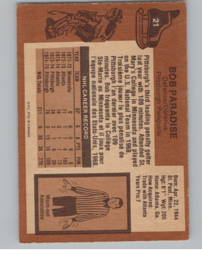 1975-76 O-Pee-Chee #21 Bob Paradise Hockey Pittsburgh Penguins  V103901 Image 2