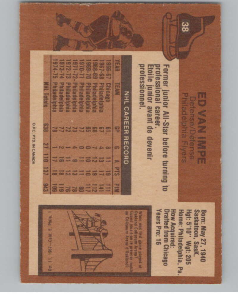 1975-76 O-Pee-Chee #38 Ed Van Impe Hockey Philadelphia Flyers  V103904 Image 2