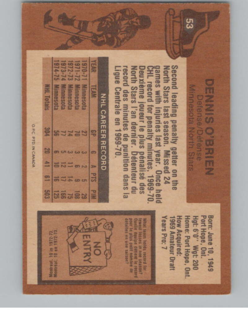 1975-76 O-Pee-Chee #53 Dennis O'Brien Hockey Minnesota North Stars  V103906 Image 2