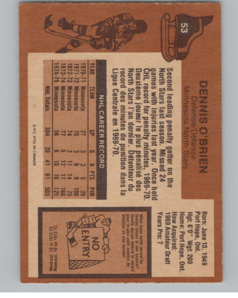 1975-76 O-Pee-Chee #53 Dennis O'Brien Hockey Minnesota North Stars  V103907 Image 2