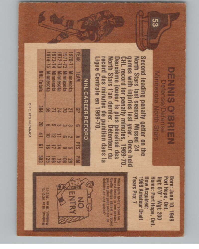 1975-76 O-Pee-Chee #53 Dennis O'Brien Hockey Minnesota North Stars  V103908 Image 2