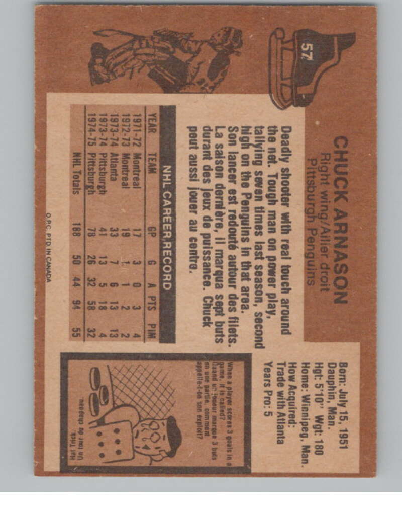 1975-76 O-Pee-Chee #57 Chuck Arnason Hockey Pittsburgh Penguins  V103909 Image 2