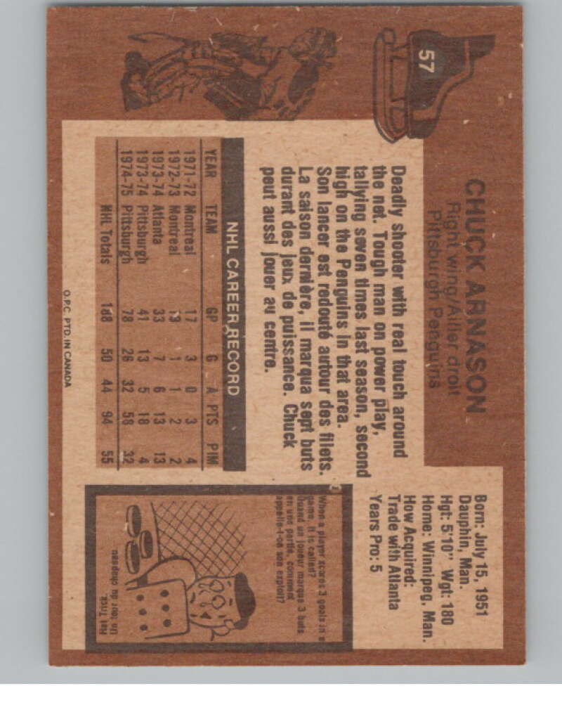 1975-76 O-Pee-Chee #57 Chuck Arnason Hockey Pittsburgh Penguins  V103910 Image 2
