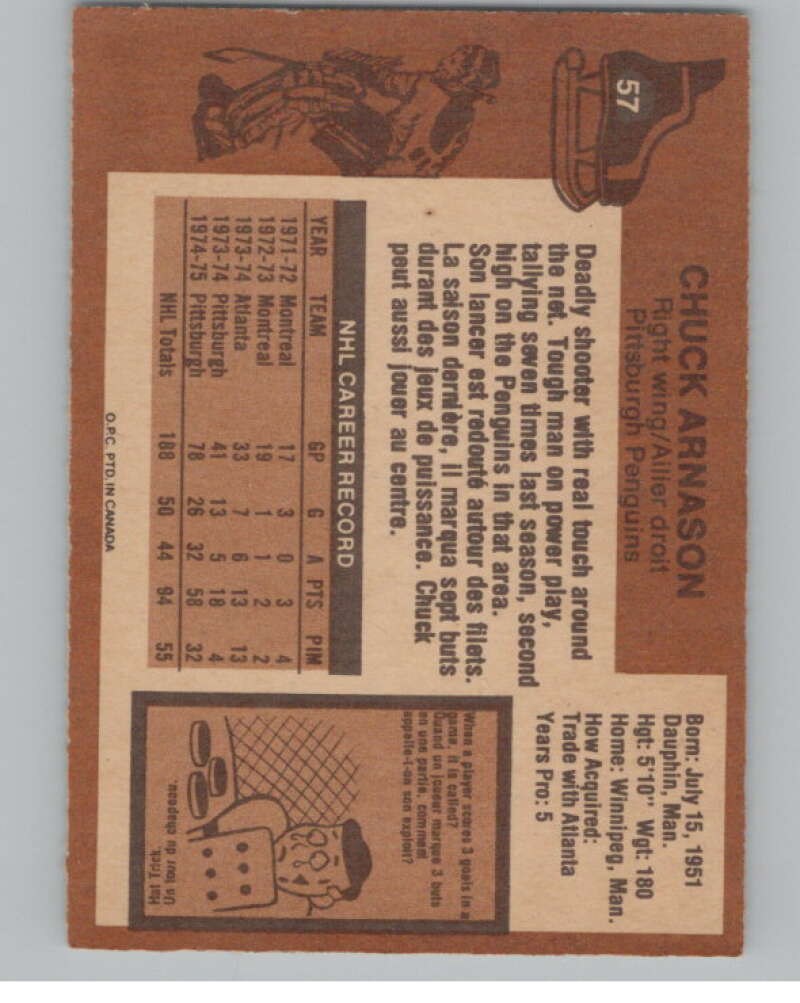 1975-76 O-Pee-Chee #57 Chuck Arnason Hockey Pittsburgh Penguins  V103911 Image 2